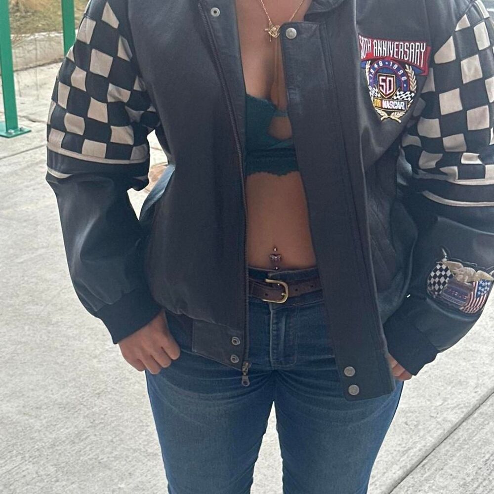 vintage all leather nascar jacket ea13